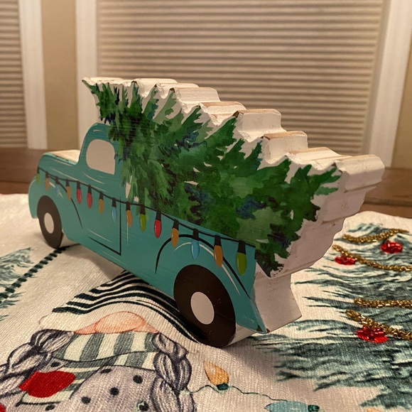 Blue Farmhouse Christmas PickUp Truck Carrying A Christmas Tree Wood Decor Sign - Picture 12 of 15